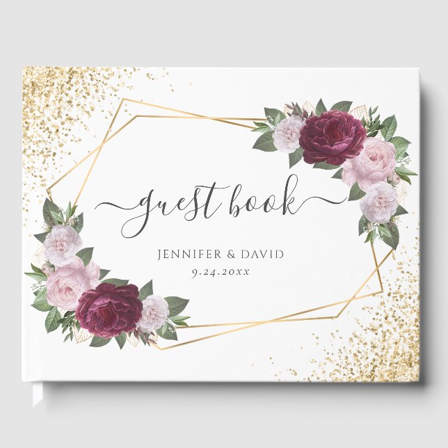 Burgundy Blush Gold Geometric Floral Wedding Guest Book (Front)
