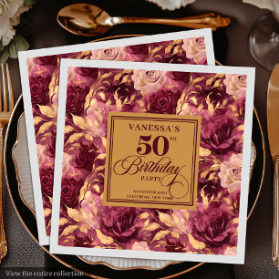 Burgundy blush gold roses 50th birthday party napkin