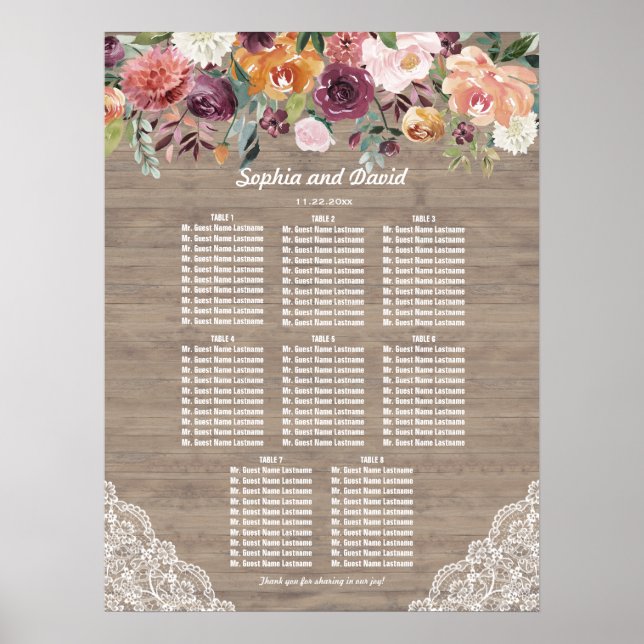 Burgundy Blush Ivory Lace Wood Seating Chart (Front)