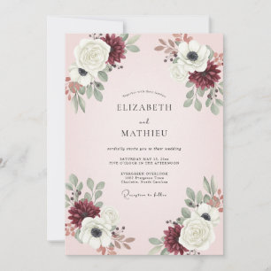 Burgundy Blush Leafy Wedding Invitation
