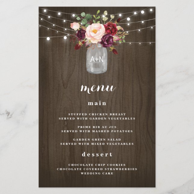 Burgundy Blush Mason Jar Rustique Mariage Cartes d (Devant)