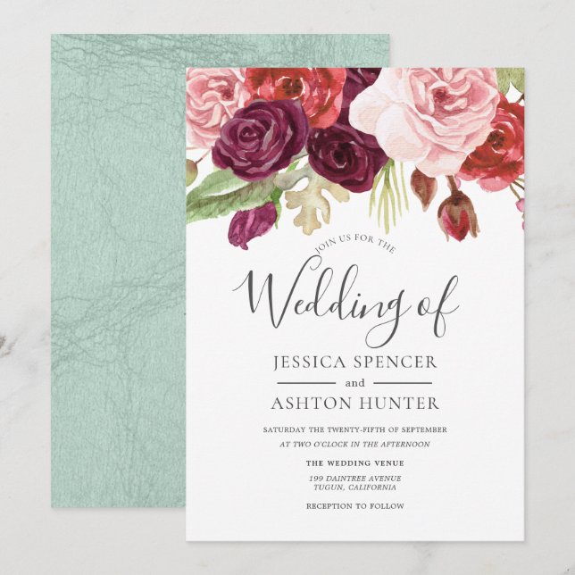 Burgundy Blush Mint Trendy All Seasons Wedding Invitation (Front/Back)