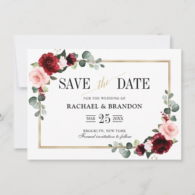 Burgundy Blush Modern Geometric Save the Date (Front)