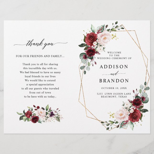 Burgundy Blush Modern Geometric Wedding Program (Front)