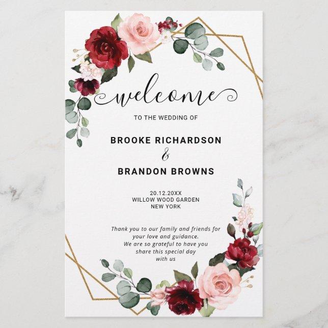 Burgundy Blush Moderne Programme de mariage géomét (Devant)