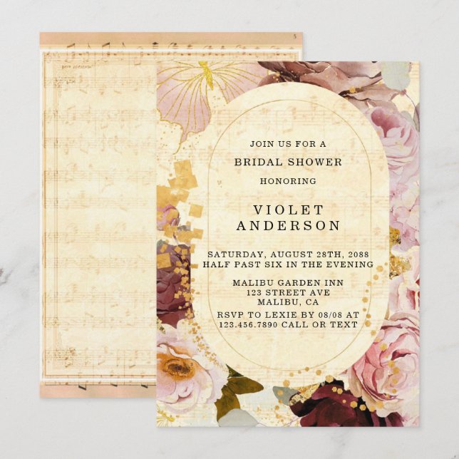 Burgundy Blush Musical Floral Bridal Shower Invitation (Front/Back)