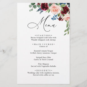 Burgundy Blush Navy Bleu Rose Dîner Menu Mariage