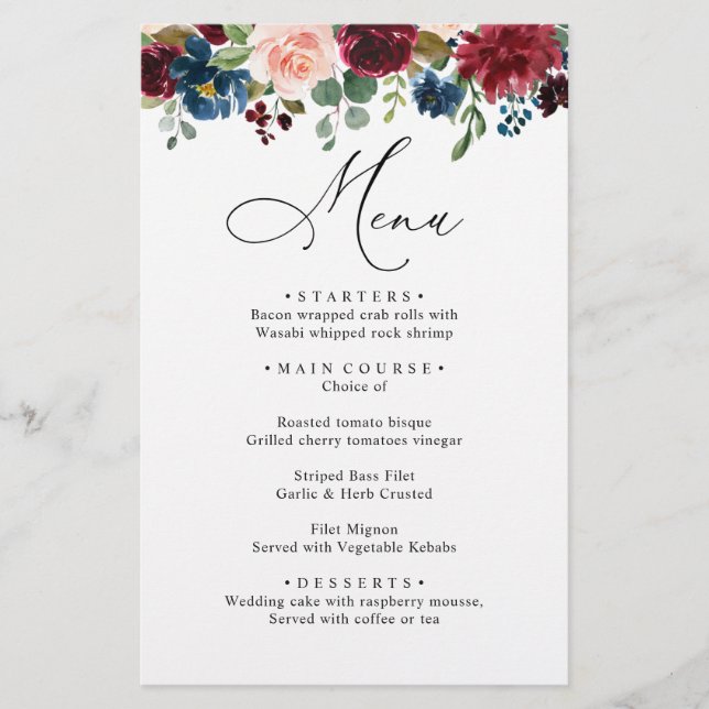 Burgundy Blush Navy Bleu Rose Dîner Menu Mariage (Devant)
