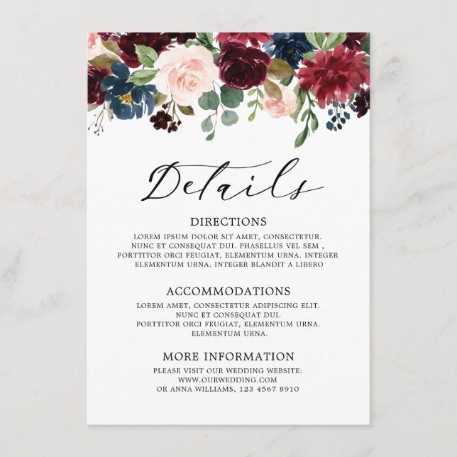 Burgundy Blush Navy Blue Botanical Floral Boho Enclosure Card (Front)