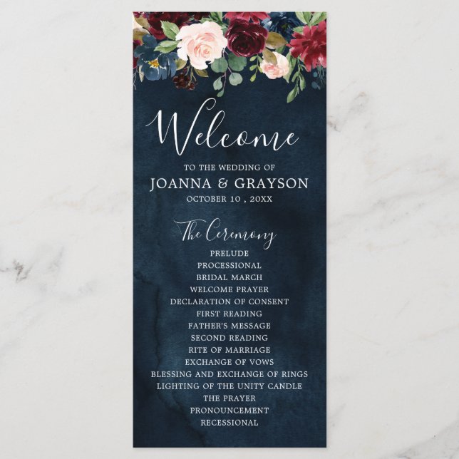 Burgundy Blush Navy Blue Botanical Floral Boho Program (Front)