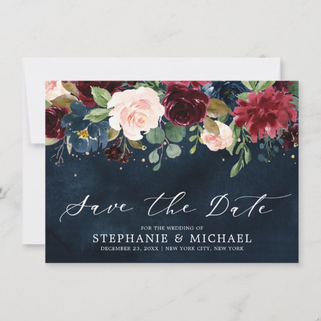 Burgundy Blush Navy Blue Botanical Floral Wedding Save The Date (Front)