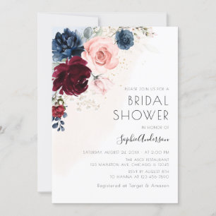 Burgundy Blush Navy Blue Floral Boho Bridal Shower Invitation