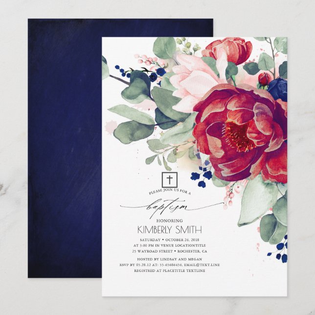 Burgundy Blush Navy Blue Floral Elegant Baptism Invitation (Front/Back)