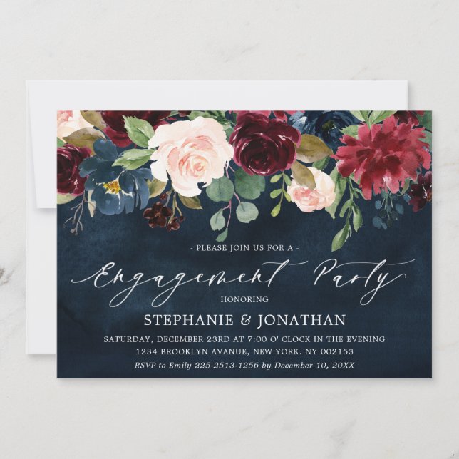 Burgundy Blush Navy Blue Floral Engagement Party Invitation (Front)