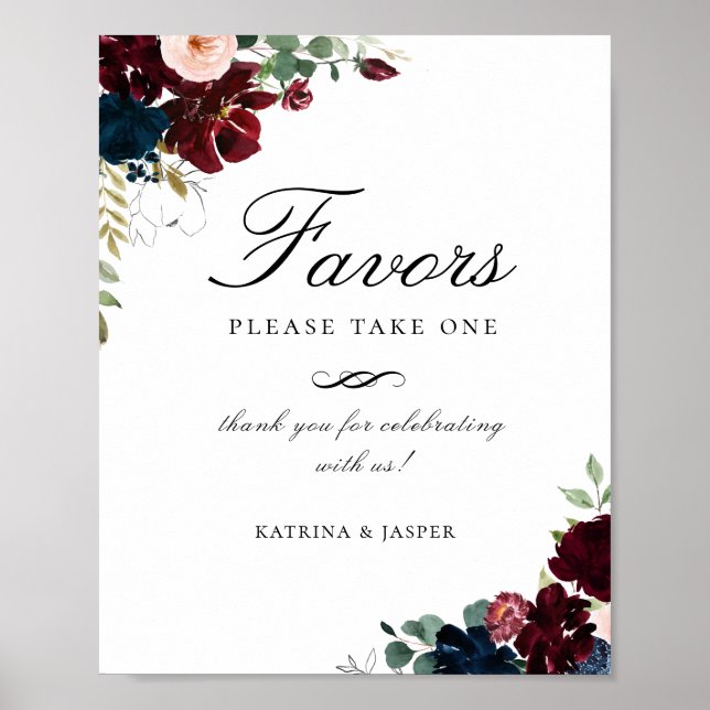 Burgundy Blush Navy Blue Floral Favour Wedding Sig Poster (Front)