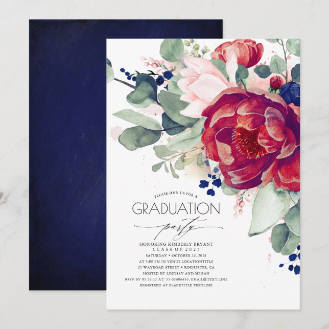 Burgundy Blush Navy Blue Floral Graduation Party Invitation (Front/Back)