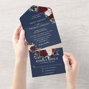 Burgundy Blush Navy Blue Floral Greenery Wedding A All In One Invitation