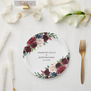 Burgundy Blush Navy Blue Floral Rustic Wedding Paper Plate
