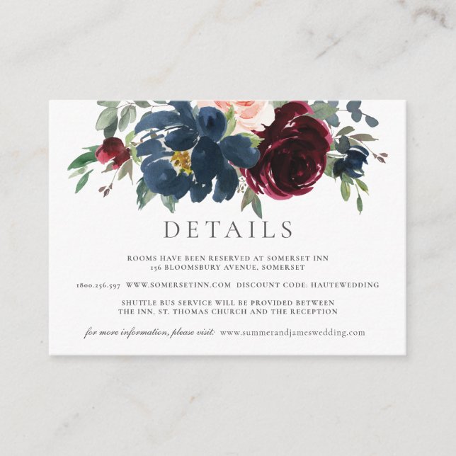 Burgundy Blush Navy Blue Floral Wedding Details    Enclosure Card (Front)