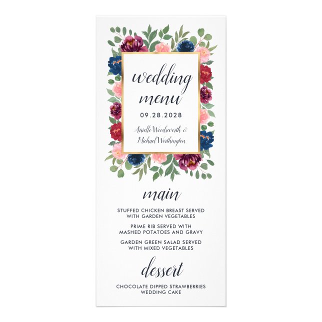 Burgundy Blush Navy Blue Gold Wedding Menu Cards (Front)