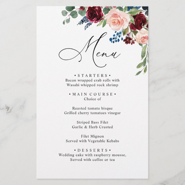 Burgundy Blush Navy Blue Roses Wedding Dinner Menu (Front)