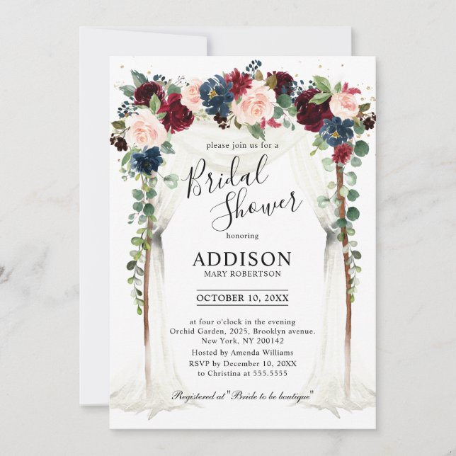 Burgundy Blush Navy Floral Arch Bridal Shower Invitation (Front)
