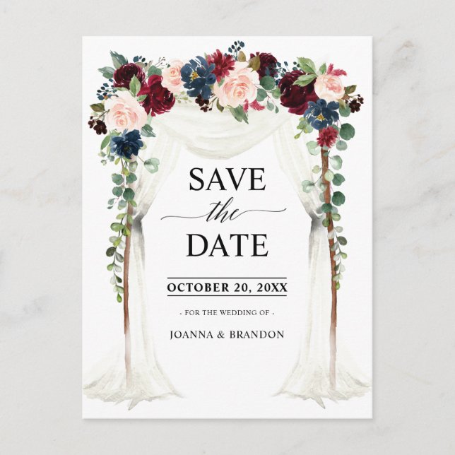 Burgundy Blush Navy Floral Canopy Save the Date Postcard (Front)