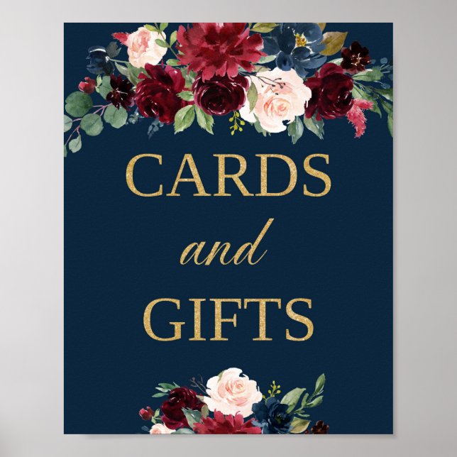 Burgundy blush navy floral cards and gifts sign (Front)