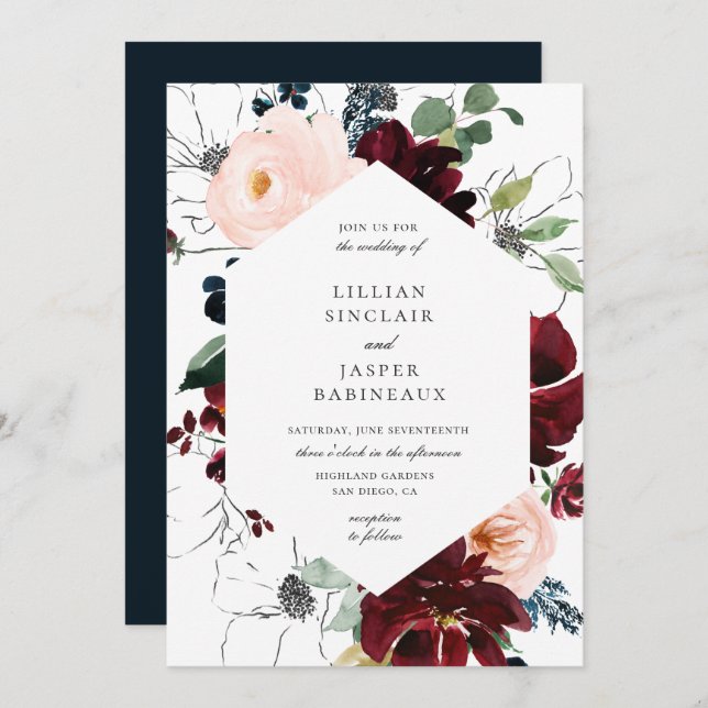 Burgundy Blush Navy Floral Frame Wedding Invitation (Front/Back)
