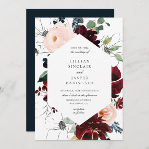 Burgundy Blush Navy Floral Frame Wedding Invitation