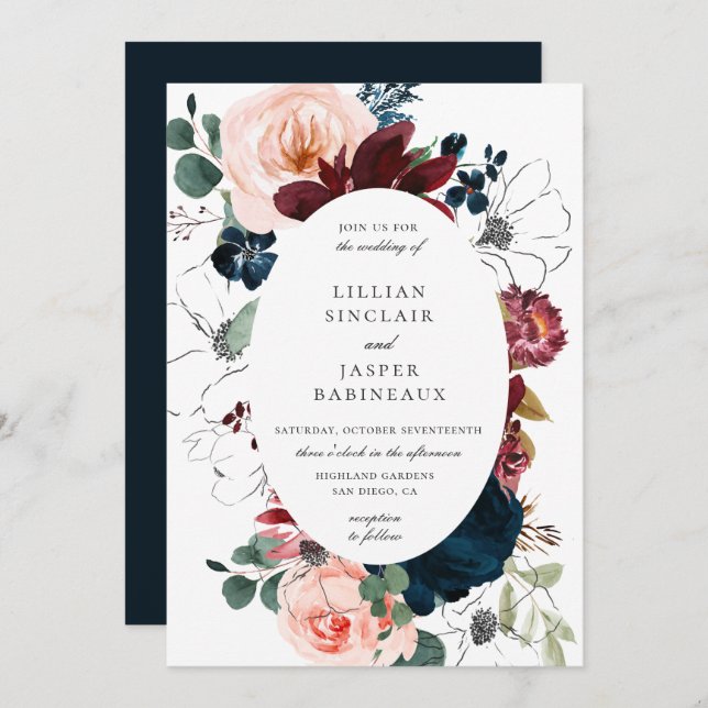 Burgundy Blush Navy Floral Oval Frame Wedding Invitation (Front/Back)