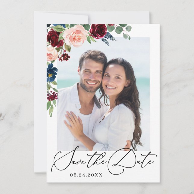 Burgundy Blush Navy Floral Roses PHOTO Wedding Sav Save The Date (Front)