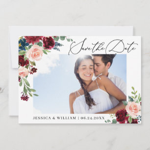 Burgundy Blush Navy Floral Roses PHOTO Wedding Save The Date