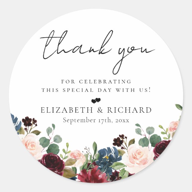 Burgundy Blush Navy Floral Wedding Classic Round Sticker (Front)