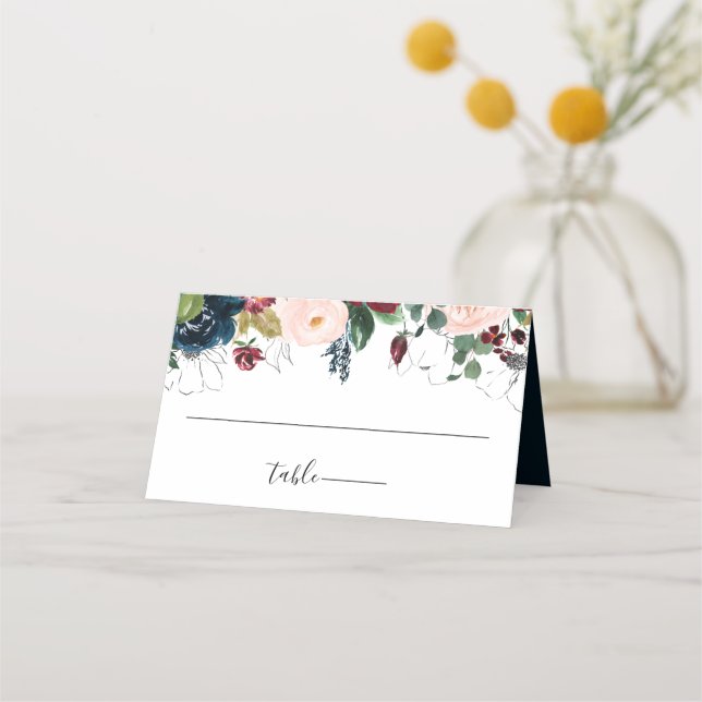 Burgundy Blush Navy Floral Wedding Place Card (Front)