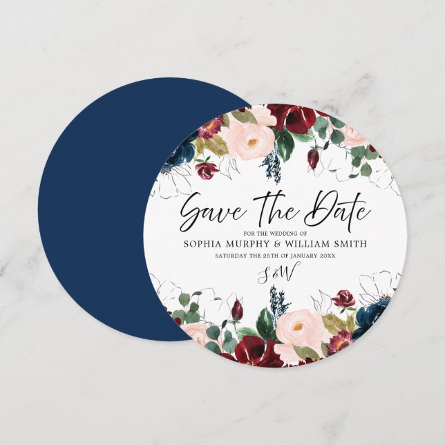 Burgundy Blush & Navy Floral Wedding Save The Date (Front/Back)