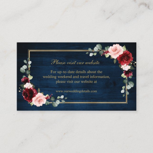 Burgundy Blush Navy Floral Wedding Website Details Enclosure Card (Front)