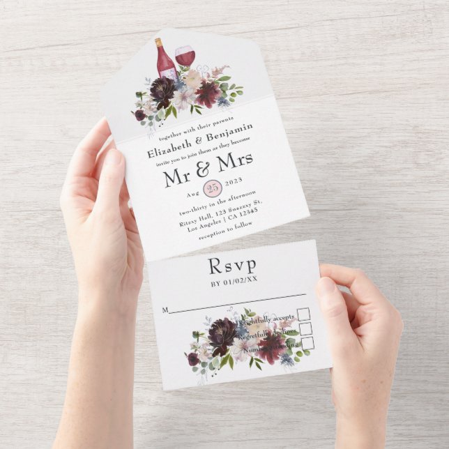 Burgundy, Blush & Navy Floral Wine Tasting Wedding All In One Invitation (Tearaway)