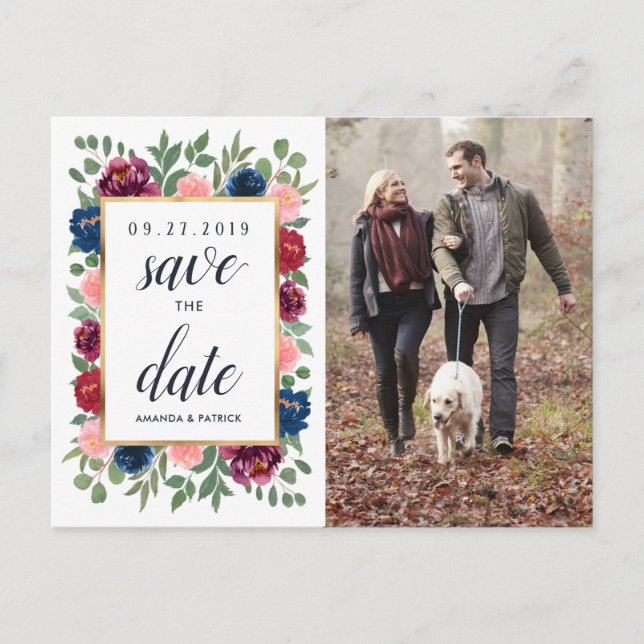 Burgundy Blush Navy Gold Wedding Save the Date Announcement Postcard (Front)