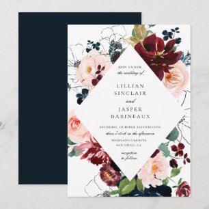 Burgundy Blush Navy Painted Floral Wedding Invitation