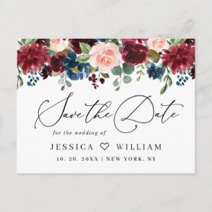 Burgundy Blush Navy Roses Wedding Save the Date Postcard