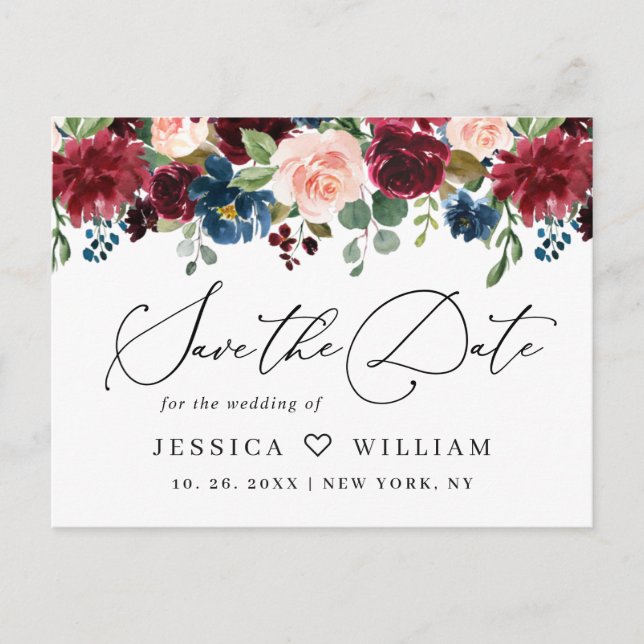 Burgundy Blush Navy Roses Wedding Save the Date Postcard (Front)