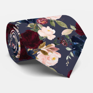 Burgundy Blush Navy Watercolor Flowers DIY bckgrnd Tie