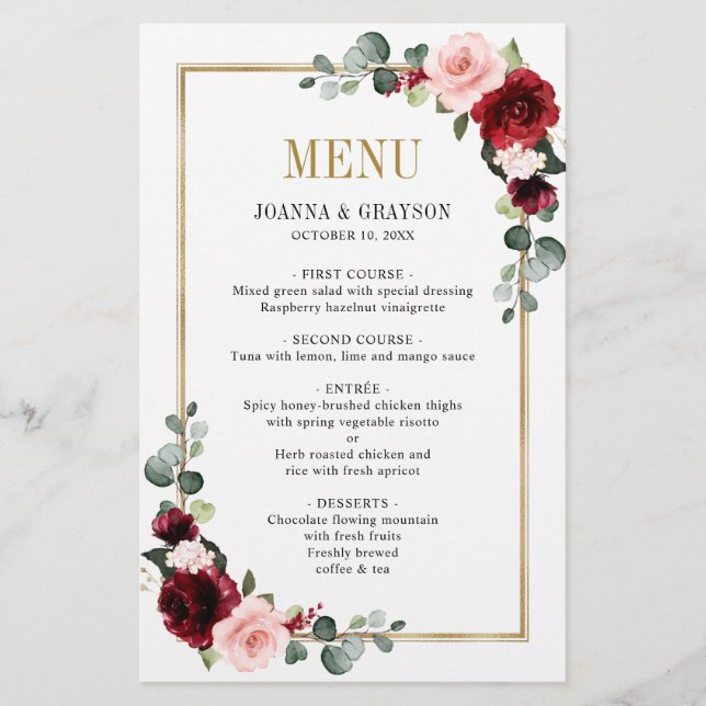 Burgundy Blush odern Geometric Wedding Menu (Front)