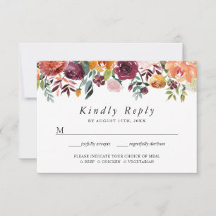 Burgundy Blush Orange Floral Wedding RSVP Card