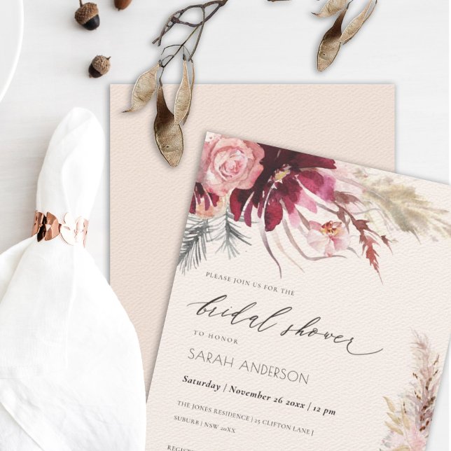 Burgundy Blush Pampas Fête des mariées Invitation (Créateur téléchargé)