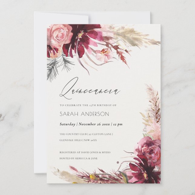 Burgundy Blush Pampas Grass Quinceanera Invite (Front)
