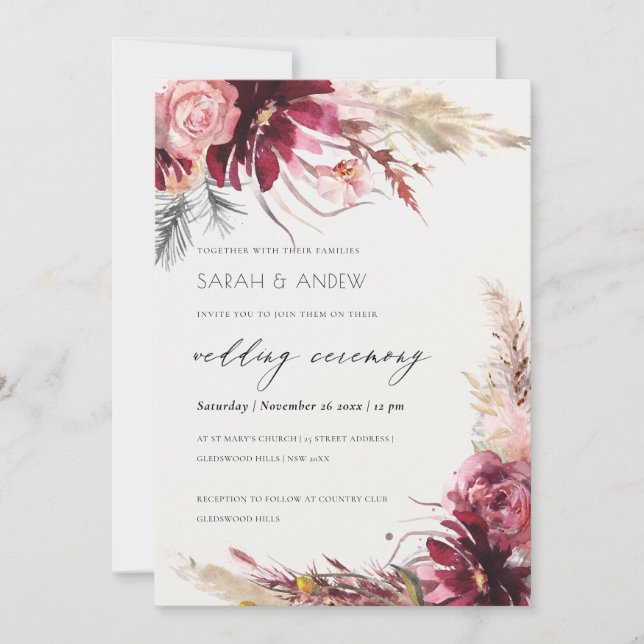 Burgundy Blush Pampas Mariage Grass Invitation (Devant)