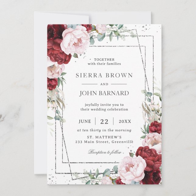 Burgundy Blush Peonies Floral Silver Geometric Invitation (Front)