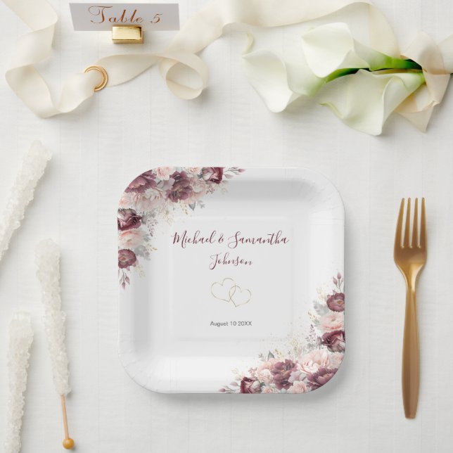 Burgundy Blush Peony and Roses Wedding Paper Plate (Wedding)